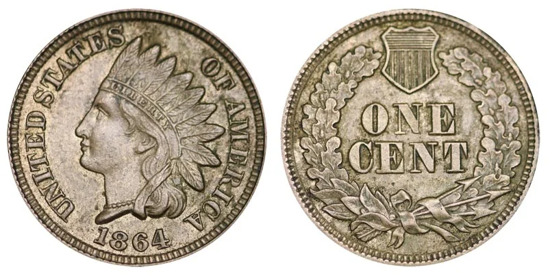 1864 Indian Head Penny obverse and reverse showing Liberty's portrait and shield wreath reverse