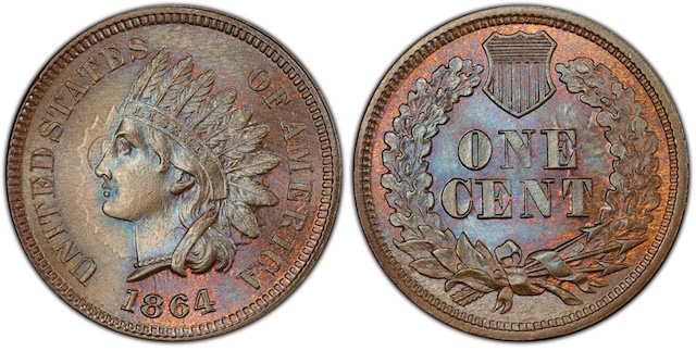 Side-by-side comparison of 1864 Indian Head Penny standard bronze (no L) versus L on Ribbon variety showing the tiny Longacre initial