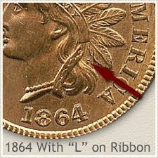 1864 Indian Head Penny L on Ribbon variety — close-up showing the tiny raised Longacre initial on the headdress ribbon