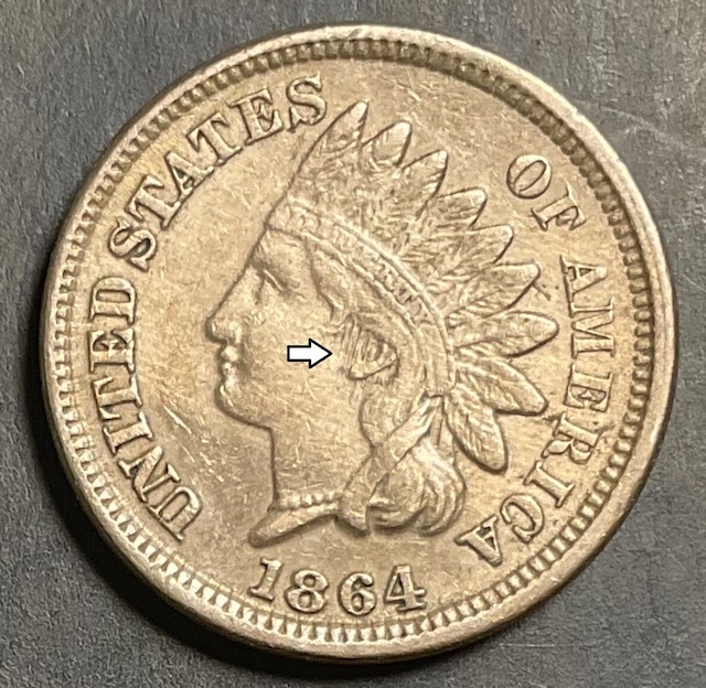 1864 Indian Head Penny Copper-Nickel Polished Die error FS-401 showing vertical die lines over Liberty's portrait