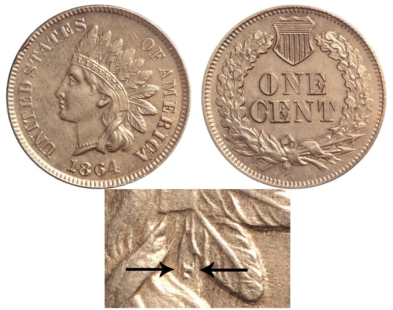 Historical Philadelphia Mint circa 1864 or group display of the three 1864 Indian Head Penny types