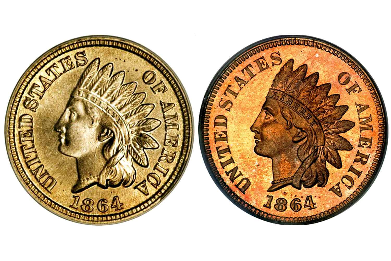 1864 Indian Head Penny grading strip showing four condition levels from worn (Good) to Uncirculated/Gem